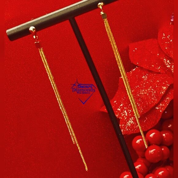 14K Gold on 925 Silver Gold Tassel Dangle Stud Earrings - Picture 3 of 7